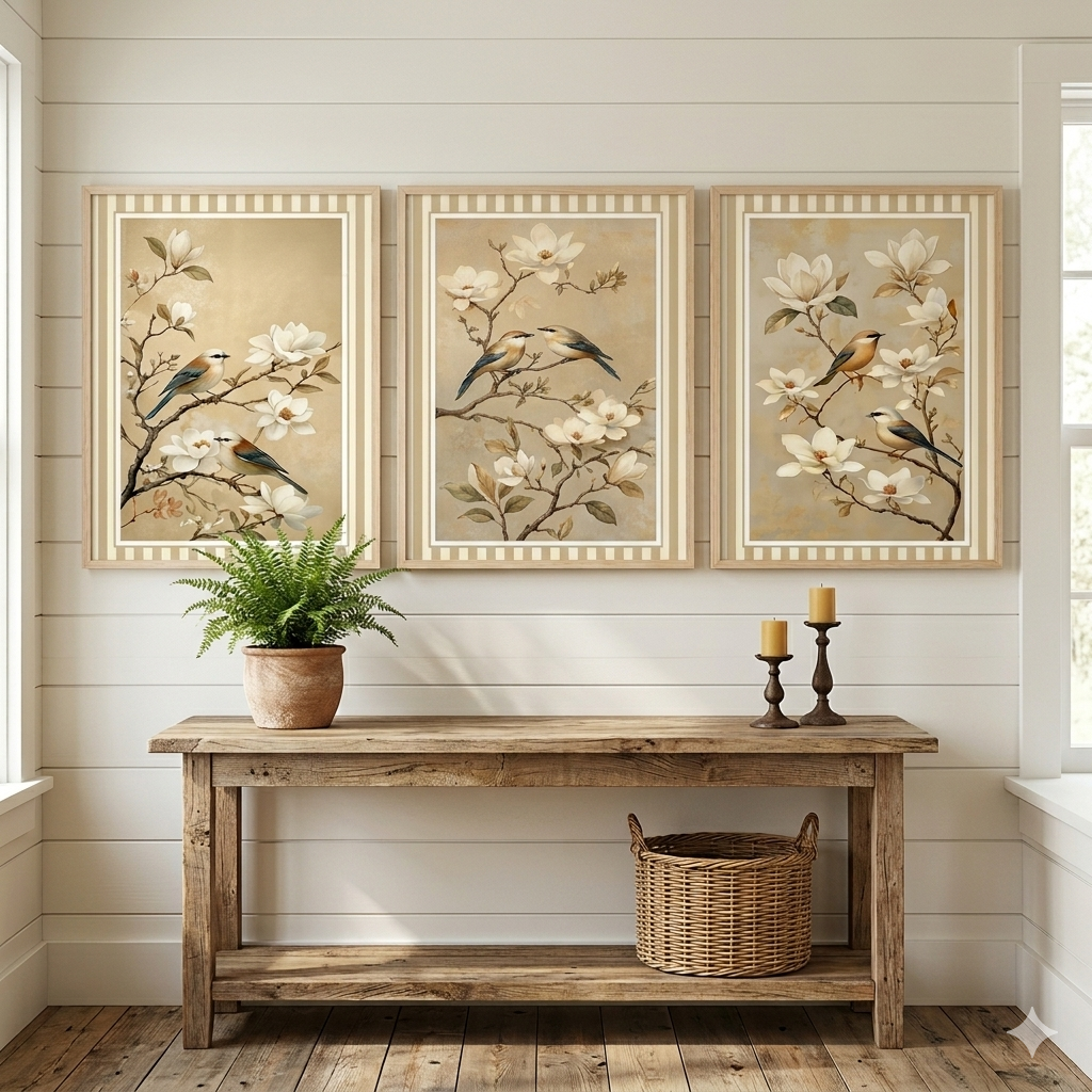 Conjunto de quadros farmhouse com pássaros e flores brancas em tons bege