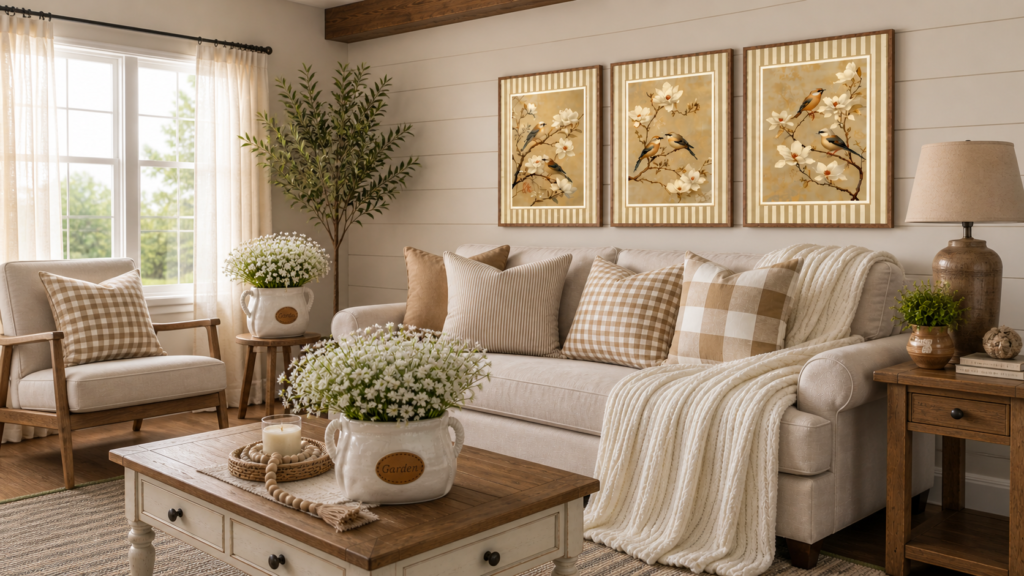 Sala de estar decorada estilo farmhouse com madeira e tons neutros